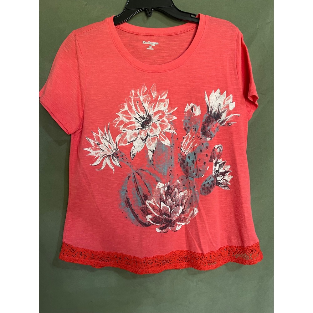 Kim Rogers Petite Coral Pink Cactus Flower Lace Trim Graphic Tee Shirt PM